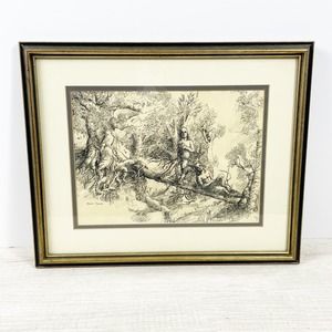 RARE Adam & Eve Garden of Eden Sketch Art Signed Janet Travis Framed Brutalist